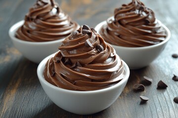 Delicious chocolate mousse dessert with chocolate chips topping in white bowls