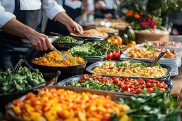 Caterer serving food at a banquet with variety of dishes
