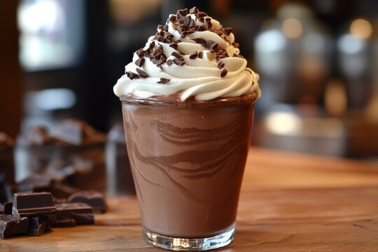 Delicious chocolate milkshake topped with whipped cream and chocolate shavings is waiting on a wooden table