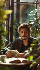 Man Enjoying Coffee and Book in Cozy Sunlit Café with Lush Greenery Surroundings