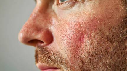 Obraz premium Close up face of young man suffering from problem skin. Acne, rosacea, dry skin. Dermatology concept