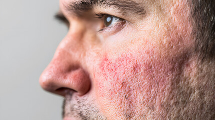 Obraz premium Close up face of young man suffering from problem skin. Acne, rosacea, dry skin. Dermatology concept