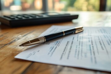 Fototapeta premium Elegant pen lying on unsigned contract on desk with calculator nearby