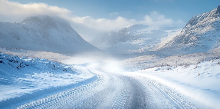 A snowy road winds through a valley in the Scottish Highlands, with snow-capped mountains in the distance and a bright blue sky overhead. - Powered by Adobe