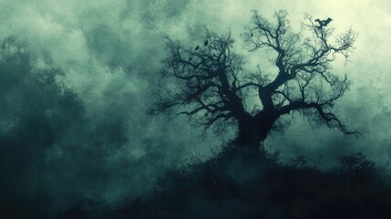 Fototapeta premium Eerie Halloween Tree Silhouette with Haunting Faces in Foggy Atmosphere