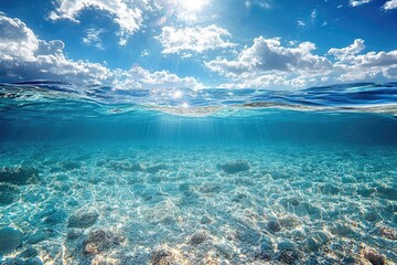 Sun shining on tranquil seabed with turquoise water surface