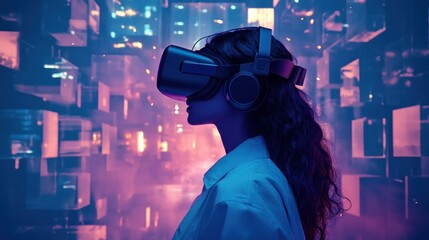 Woman in a VR Headset Standing in a Neon-Lit Room
