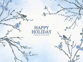 Greeting card. Bloom. Chinoiserie. Horizontal frame. Vintage floral illustration.