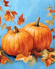 Naklejka premium Autumn pumpkins with leaves on blue background