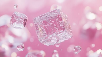 A crystal ice cube with tiny bubbles, falling in mid-air against a pastel pink background.