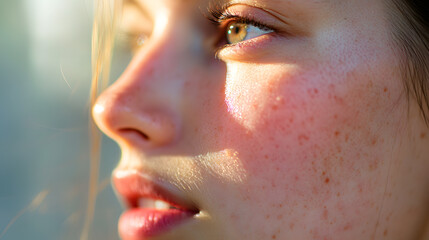 Close up face of young woman suffering from problem skin. Acne, rosacea, dry skin. Dermatology concept