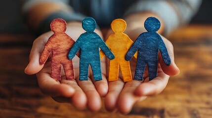 Hands holding four colorful paper figures, symbolizing unity and diversity.