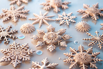 Close-up of beige snowflakes on glossy surface, winter ornamentation