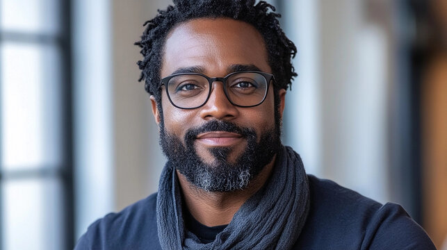 A man with glasses and a beard is smiling. He is wearing a black shirt and a scarf