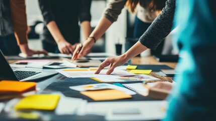 Close-up of a Hand Pointing at a Design Spread on a Table Filled with Papers and Other Materials