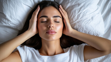 Fototapeta premium A woman is laying on a bed with her hands on her head. She is wearing a white shirt and she is in a relaxed state
