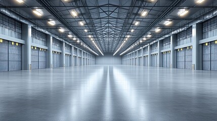 Spacious industrial warehouse interior with lighting.