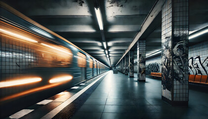 Fototapeta premium Speeding Subway Train in Urban Graffiti-Covered Station 