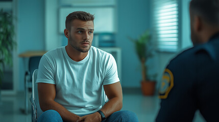 young man dressed with white t-shirt and jeans talks to police officer in a waiting room of the hospital