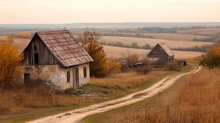 Rural landscape with abandoned houses and path.