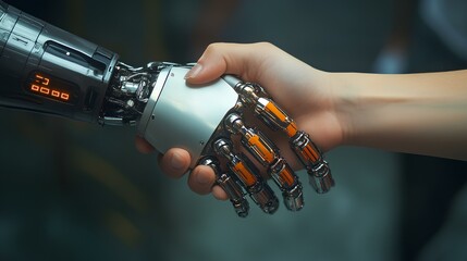 Naklejka premium A robotic hand shakes hands with a human, symbolizing the merging of technology and humanity.