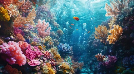 Naklejka premium Vibrant coral reef with colorful fish and bubbles underwater