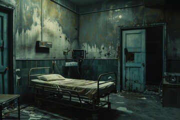 Eerie abandoned hospital room with aging equipment and peeling walls, creating a post-apocalyptic ambiance