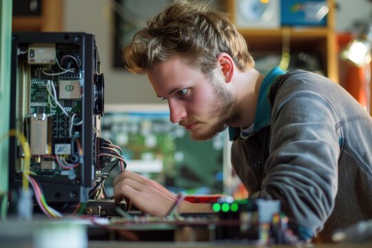 Close-up photo of a determined young man building a computer at a workstation