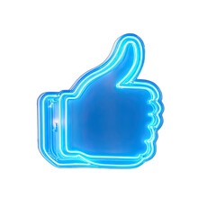 Like Button Shaped as Thumbs Up Blue Neon on Social Media. Isolated on a Transparent Background. Cutout PNG.
