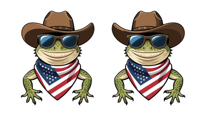 Obraz premium Two stylish cartoon frogs wearing cowboy hats and sunglasses, adorned with bandanas featuring the American flag.