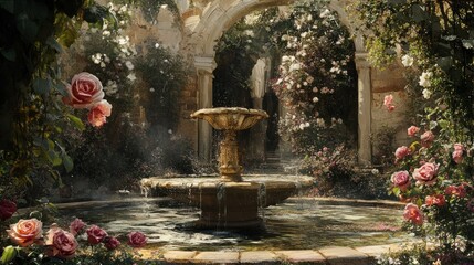 A Fountain in a Rosy Courtyard with Stone Archways