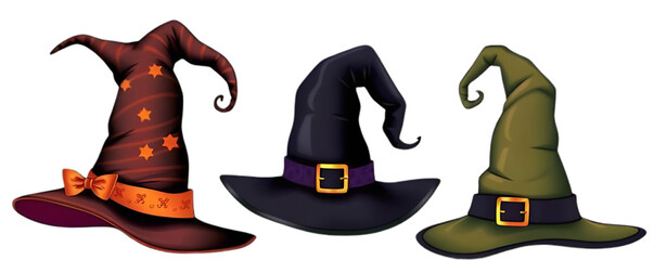 Artistic collection of three unique witch hats in varying colors and styles