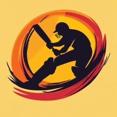 Silhouette of a cricket player hitting a ball in a circular background.