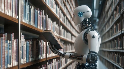 Fototapeta premium A humanoid robot is reading a book in a library filled with shelves of books, capturing a blend of technology and knowledge.