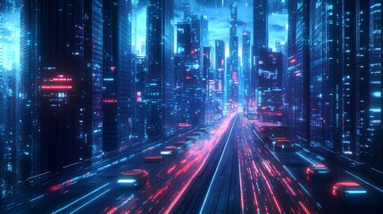 A futuristic city skyline featuring vibrant neon lights and dynamic light trails from moving vehicles on a bustling road.