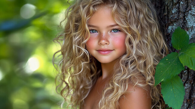 A young blonde girl with blue eyes and a pinkish face stands in front of a tree. She is wearing a bikini top and is smiling