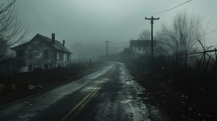 Foggy Road Through Abandoned Houses