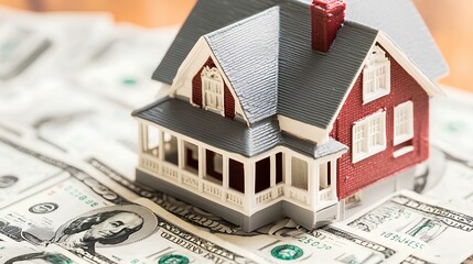 A small model house sits atop a bed of dollar bills, symbolizing real estate investment and financial growth.