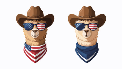 Cool cartoon llamas in cowboy hats wearing sunglasses with American flags and bandanas, perfect for fun and festive designs.