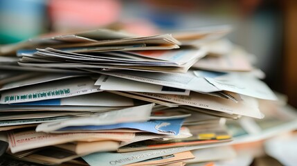 A chaotic stack of assorted papers, including bills, letters, and documents, creating a cluttered and disorganized appearance.