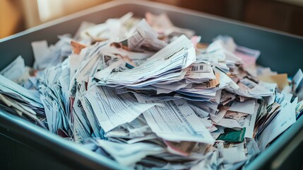 A cluttered pile of crumpled papers and receipts in a metal container, creating a chaotic but intriguing visual of disorganization.