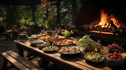 barbeque party at the modren style farm house with beautiful environment in day light mode.