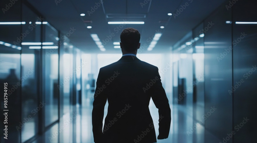 Wall mural Silhouette of a Man in a Suit Walking Through a Glass Corridor