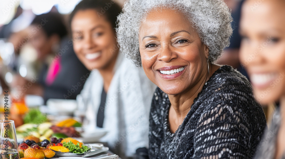 Poster A woman with gray hair is smiling at the camera while sitting at a table with a plate of food