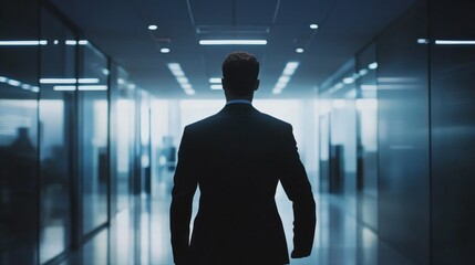 Silhouette of a Man in a Suit Walking Through a Glass Corridor