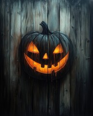 Obraz premium Halloween pumpkin head jack lantern on rustic wood