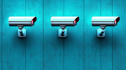 Three security cameras are mounted on a wall. The wall is blue and the cameras are white. The cameras are all facing the same direction