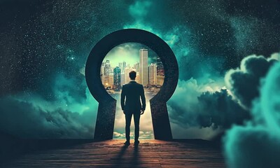 Businessman walking to front of a giant keyhole with a cityscape inside, against a starry sky background, symbolizing the opening to new possibilities and growth