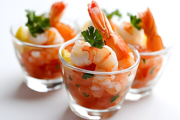 Shrimp Cocktail Appetizers with tomato sauce in glass isolated on white background