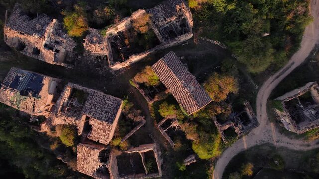 Aerial view of Barcena de Bureba, an ancient ghost town in Burgos province, Castile and Leon, Spain. High quality 4k footage